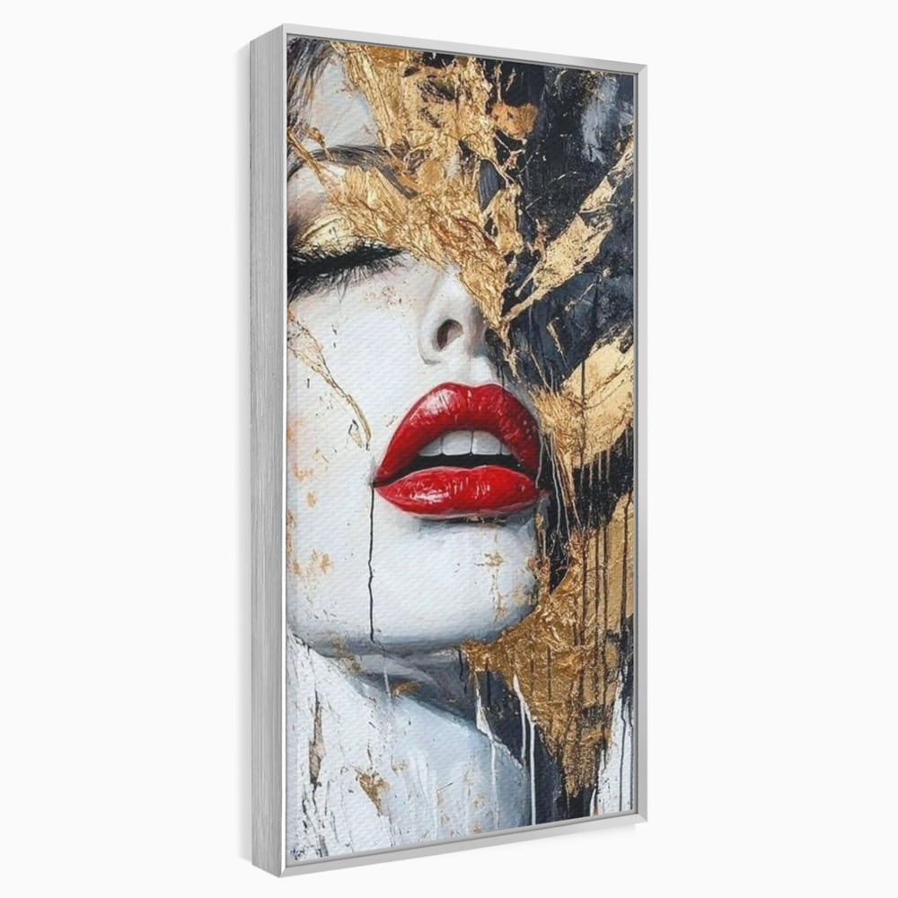 Tablou canvas cu tablou canvas cu chip de femeie si buze rosii, in rama de aluminiu argintiu
